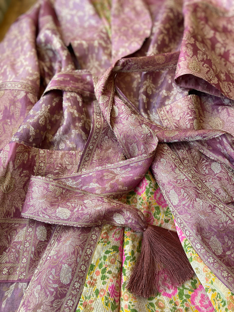 Rose pink and platinum lightweight luxury silk wrapper robe with wide sleeves, large patch pockets and tassel sash. Bohemian style created from antique and vintage textiles by the Pavilion Parade studio.