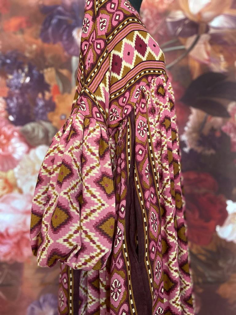 Rose pink and amber fine cotton muslin bohemian dress with full sleeves and pockets. Created from antique and vintage textiles by the Pavilion Parade studio