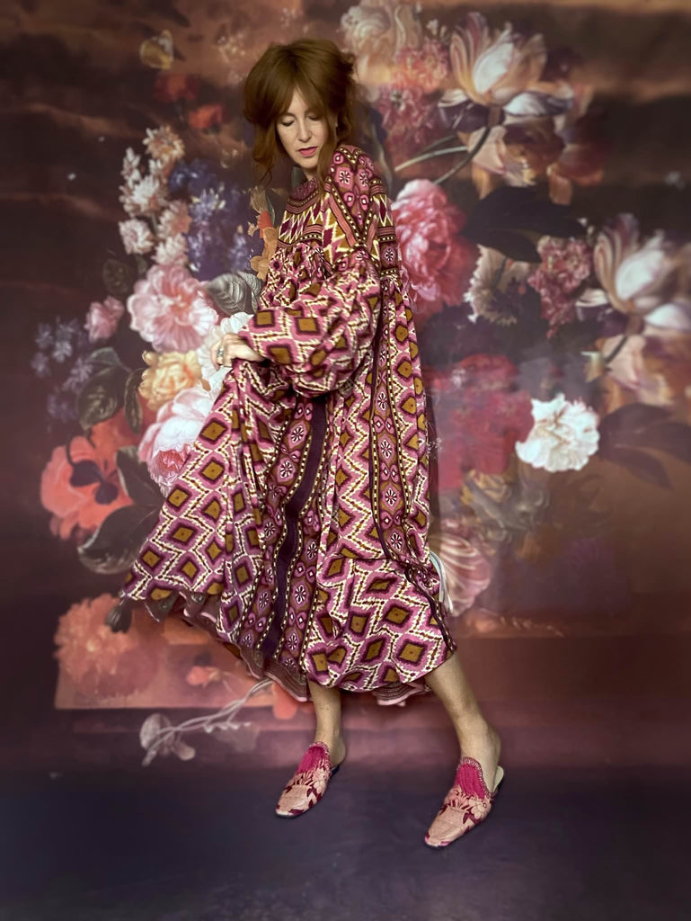 Rose pink and amber fine cotton muslin bohemian dress with full sleeves and pockets. Created from antique and vintage textiles by the Pavilion Parade studio