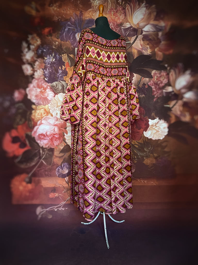 Rose pink and amber fine cotton muslin bohemian dress with full sleeves and pockets. Created from antique and vintage textiles by the Pavilion Parade studio