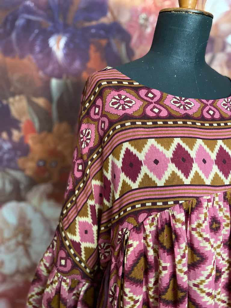 Rose pink and amber fine cotton muslin bohemian dress with full sleeves and pockets. Created from antique and vintage textiles by the Pavilion Parade studio