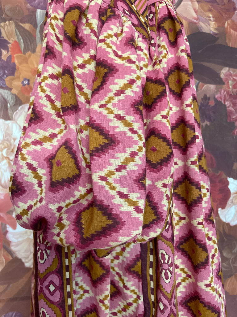 Rose pink and amber fine cotton muslin bohemian dress with full sleeves and pockets. Created from antique and vintage textiles by the Pavilion Parade studio