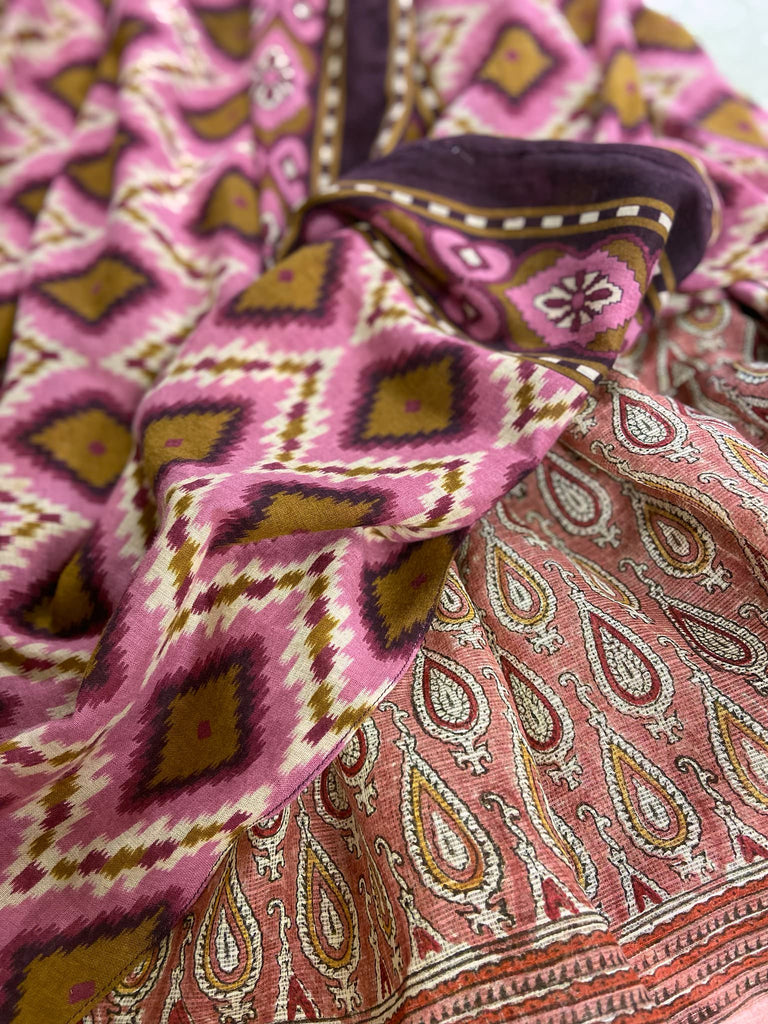 Rose pink and amber fine cotton muslin bohemian dress with full sleeves and pockets. Created from antique and vintage textiles by the Pavilion Parade studio