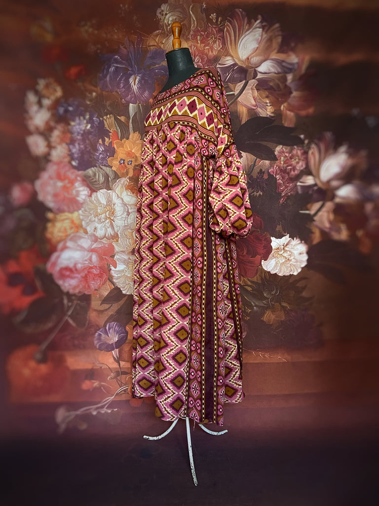 Rose pink and amber fine cotton muslin bohemian dress with full sleeves and pockets. Created from antique and vintage textiles by the Pavilion Parade studio