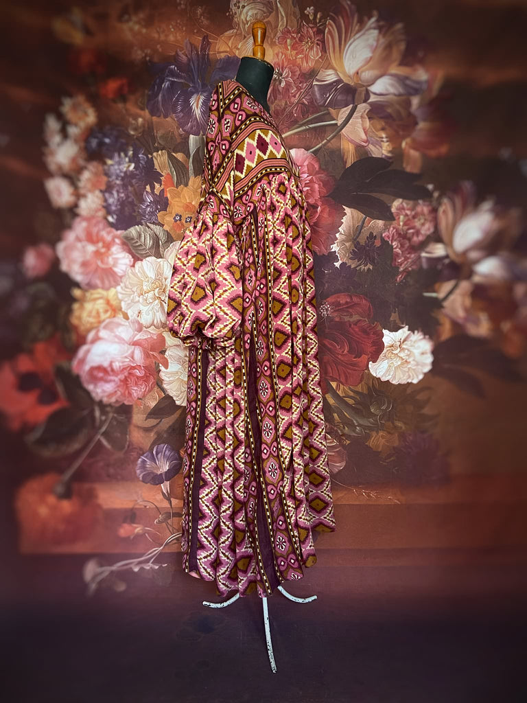 Rose pink and amber fine cotton muslin bohemian dress with full sleeves and pockets. Created from antique and vintage textiles by the Pavilion Parade studio