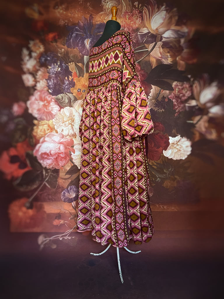 Rose pink and amber fine cotton muslin bohemian dress with full sleeves and pockets. Created from antique and vintage textiles by the Pavilion Parade studio