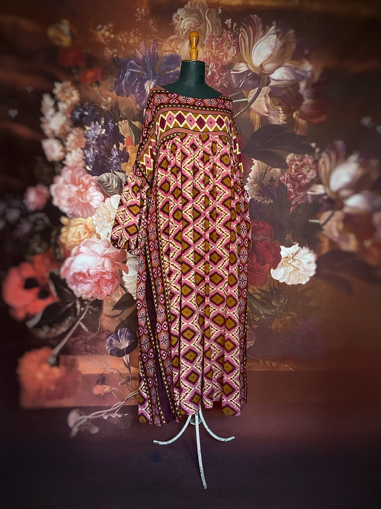 Rose pink and amber fine cotton muslin bohemian dress with full sleeves and pockets. Created from antique and vintage textiles by the Pavilion Parade studio