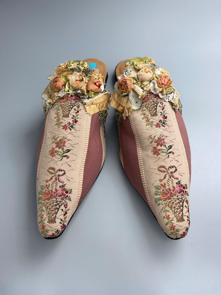 Mauve pink and cream silk pointed toe shoes with antique C18th pinked dress trim and timeworn ribbon roses in the Georgian style. Embellished with antique braids. Bohemian styles sustainably created from antique textiles by Pavilion Parade.