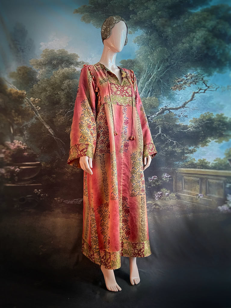 Rose Pink Silk Kaftan Maxi Dress with pockets and antique tassel trim.  Unique bohemian styles created from antique and vintage textiles by the Pavilion Parade Studio.