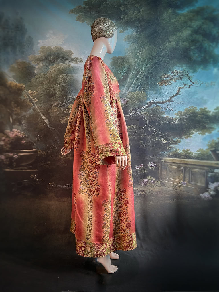 Rose Pink Silk Kaftan Maxi Dress with pockets and antique tassel trim.  Unique bohemian styles created from antique and vintage textiles by the Pavilion Parade Studio.