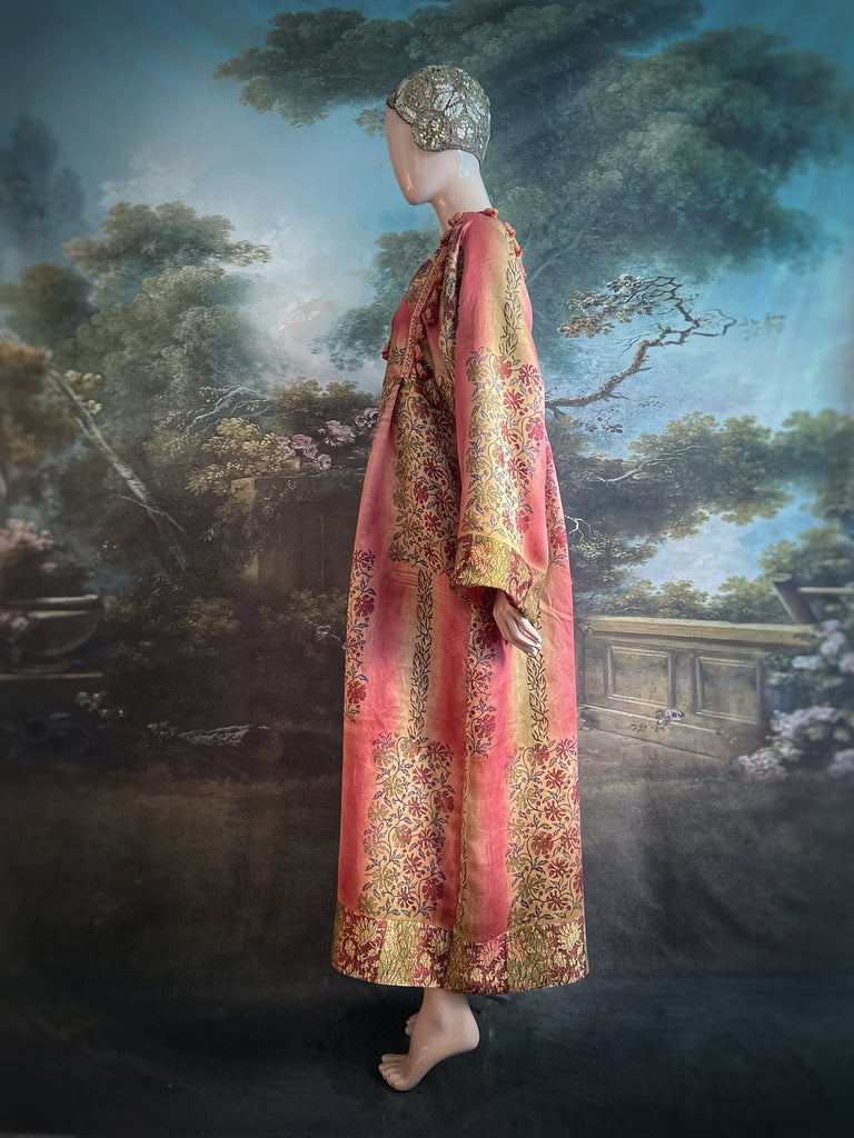 Rose Pink Silk Kaftan Maxi Dress with pockets and antique tassel trim.  Unique bohemian styles created from antique and vintage textiles by the Pavilion Parade Studio.