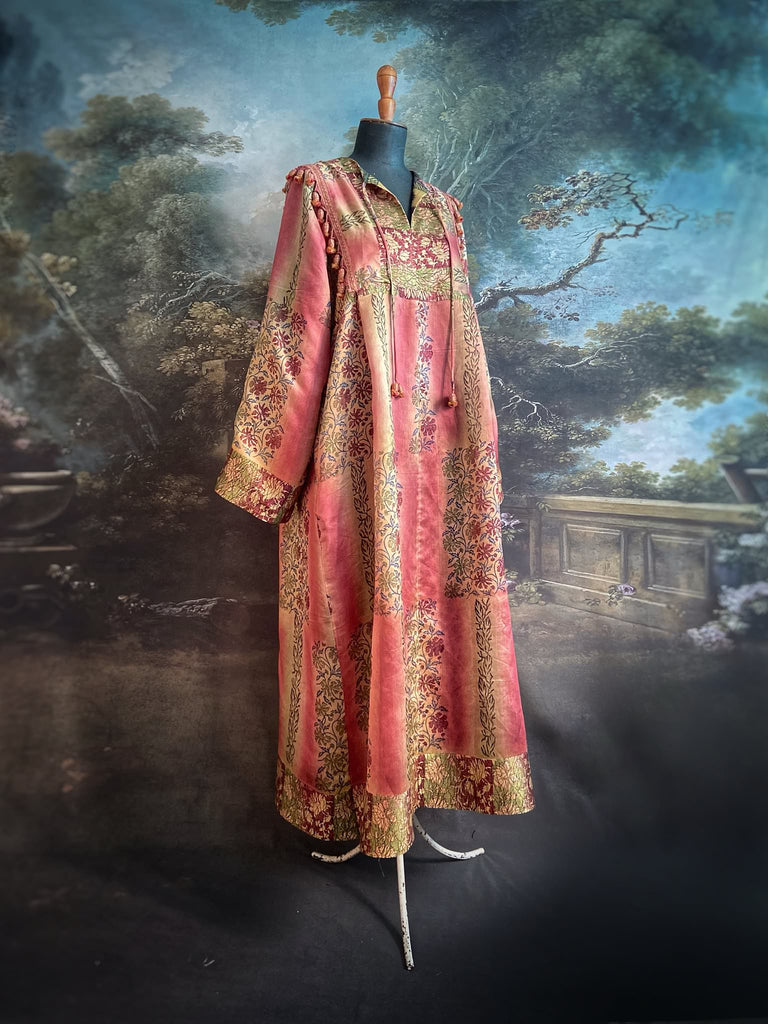 Rose Pink Silk Kaftan Maxi Dress with pockets and antique tassel trim.  Unique bohemian styles created from antique and vintage textiles by the Pavilion Parade Studio.