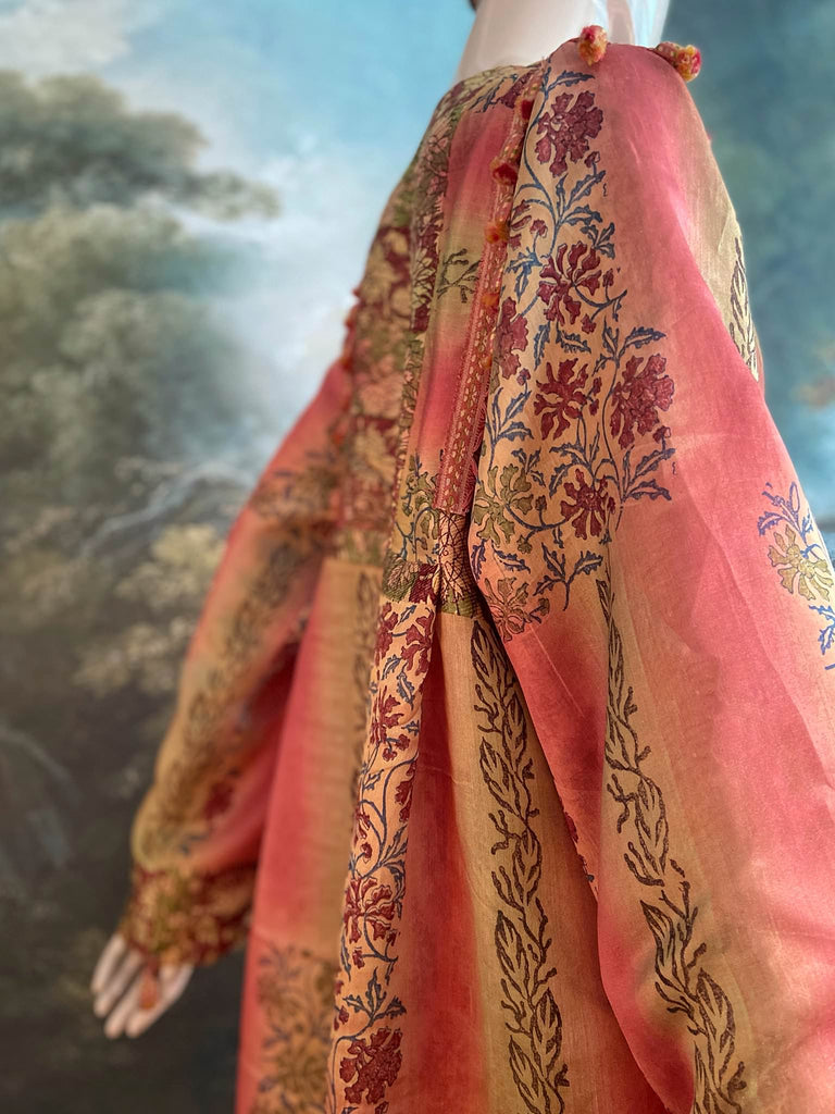 Rose Pink Silk Kaftan Maxi Dress with pockets and antique tassel trim.  Unique bohemian styles created from antique and vintage textiles by the Pavilion Parade Studio.