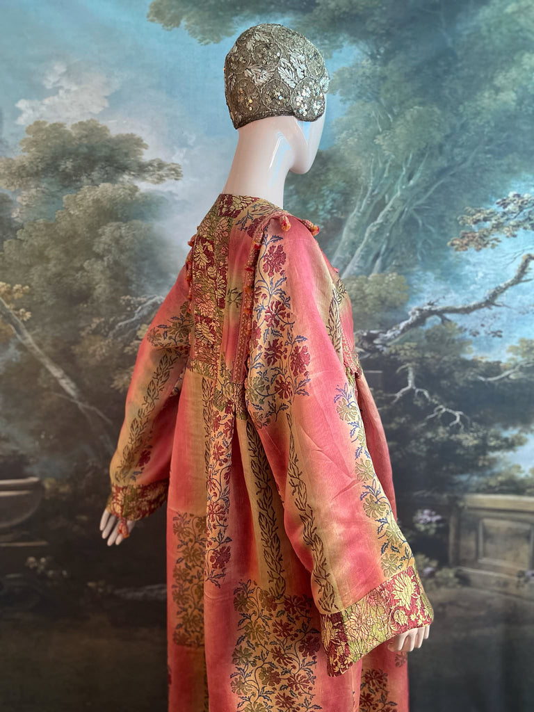 Rose Pink Silk Kaftan Maxi Dress with pockets and antique tassel trim.  Unique bohemian styles created from antique and vintage textiles by the Pavilion Parade Studio.