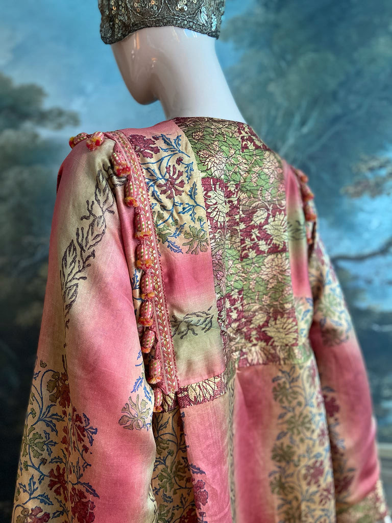 Rose Pink Silk Kaftan Maxi Dress with pockets and antique tassel trim.  Unique bohemian styles created from antique and vintage textiles by the Pavilion Parade Studio.