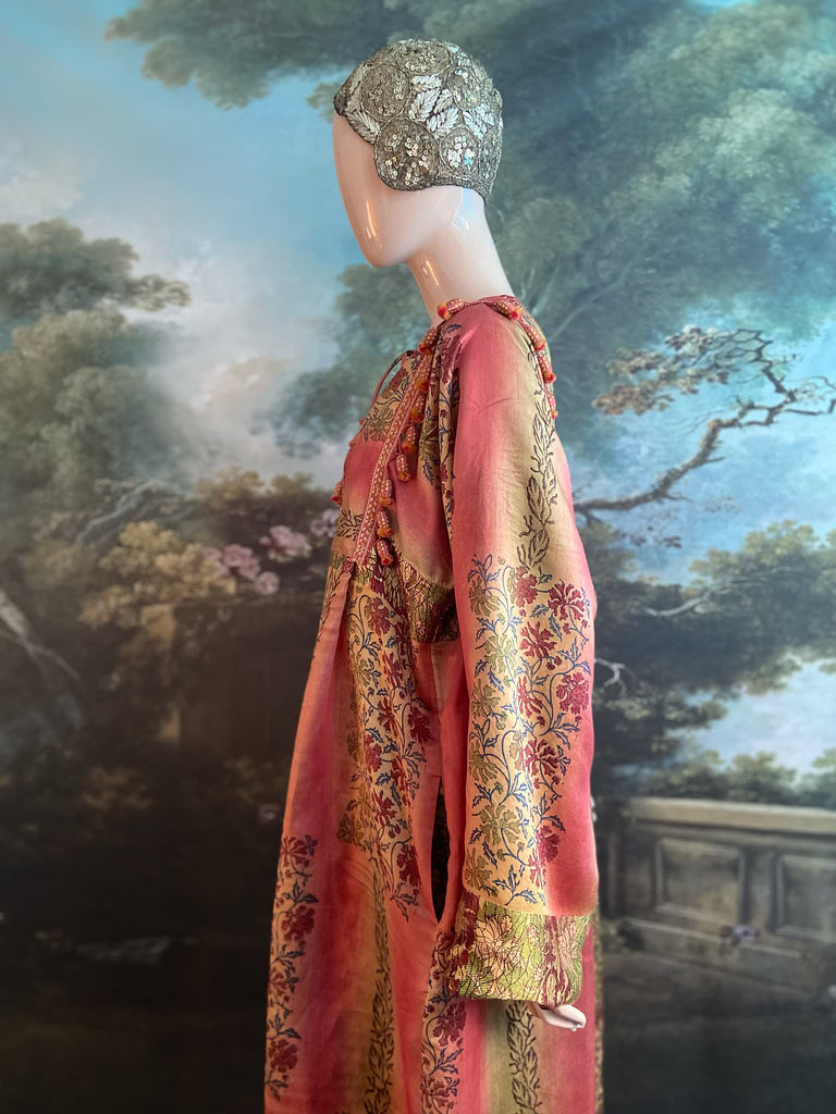 Rose Pink Silk Kaftan Maxi Dress with pockets and antique tassel trim.  Unique bohemian styles created from antique and vintage textiles by the Pavilion Parade Studio.