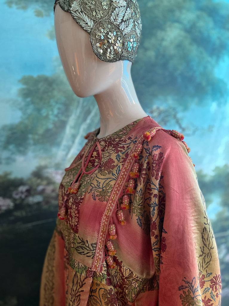 Rose Pink Silk Kaftan Maxi Dress with pockets and antique tassel trim.  Unique bohemian styles created from antique and vintage textiles by the Pavilion Parade Studio.