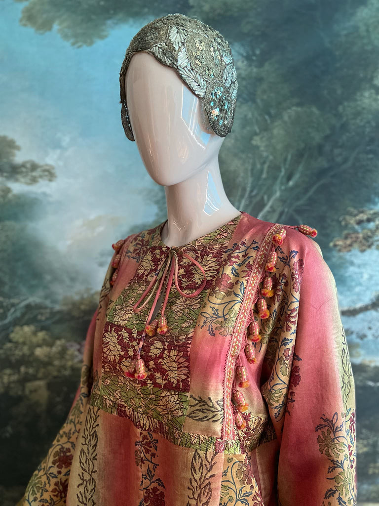 Rose Pink Silk Kaftan Maxi Dress with pockets and antique tassel trim.  Unique bohemian styles created from antique and vintage textiles by the Pavilion Parade Studio.