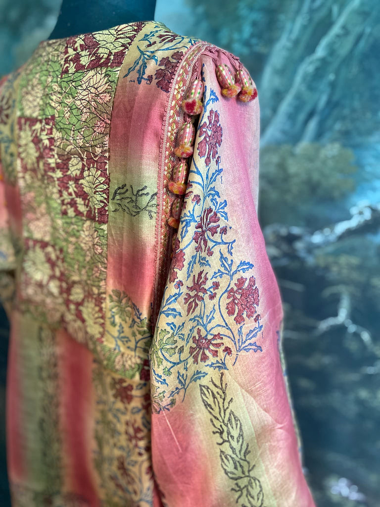 Rose Pink Silk Kaftan Maxi Dress with pockets and antique tassel trim.  Unique bohemian styles created from antique and vintage textiles by the Pavilion Parade Studio.