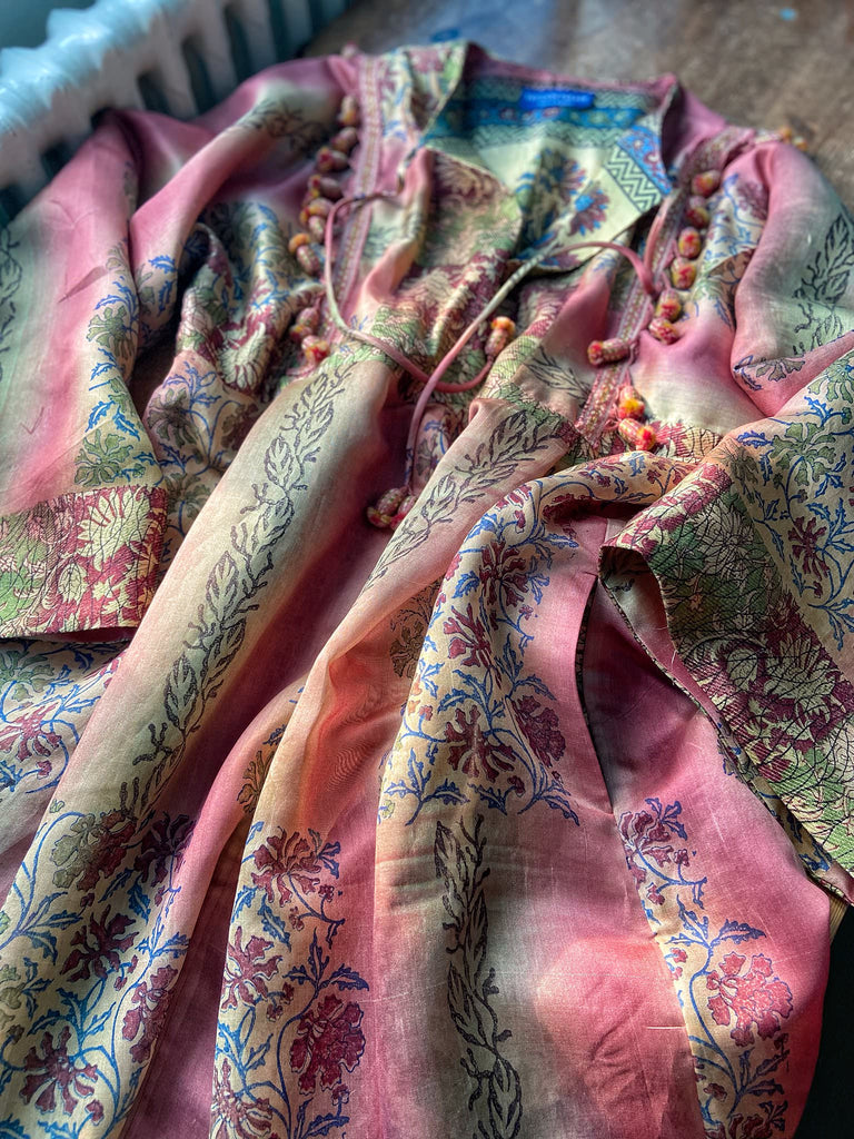 Rose Pink Silk Kaftan Maxi Dress with pockets and antique tassel trim.  Unique bohemian styles created from antique and vintage textiles by the Pavilion Parade Studio.