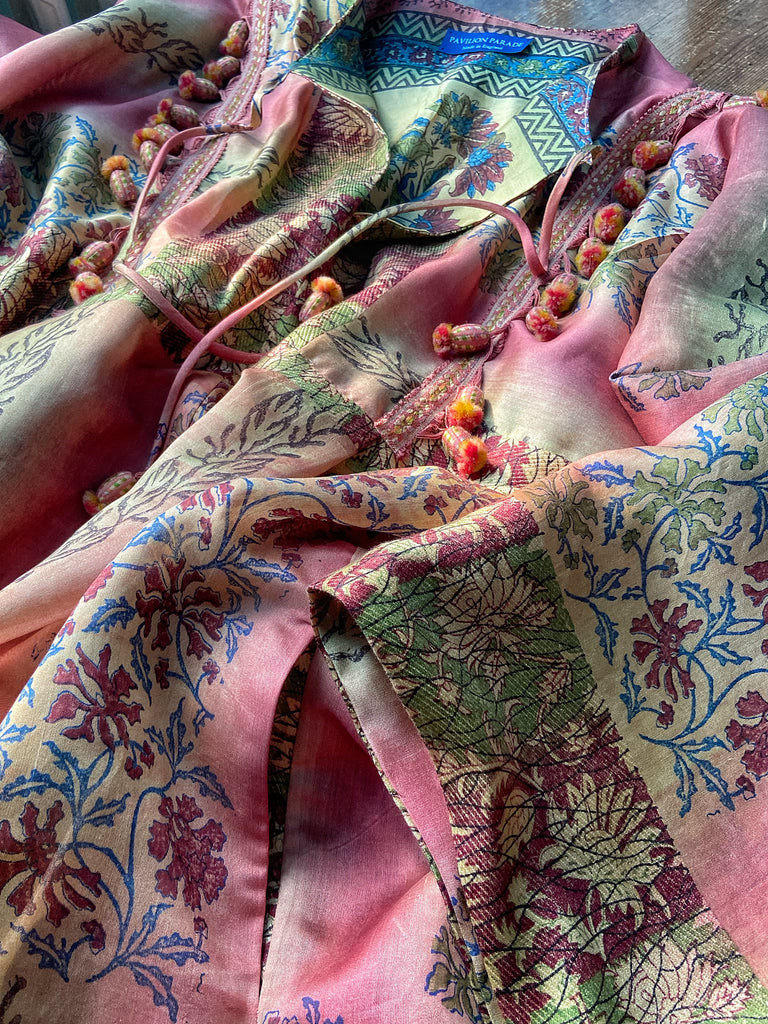 Rose Pink Silk Kaftan Maxi Dress with pockets and antique tassel trim.  Unique bohemian styles created from antique and vintage textiles by the Pavilion Parade Studio.
