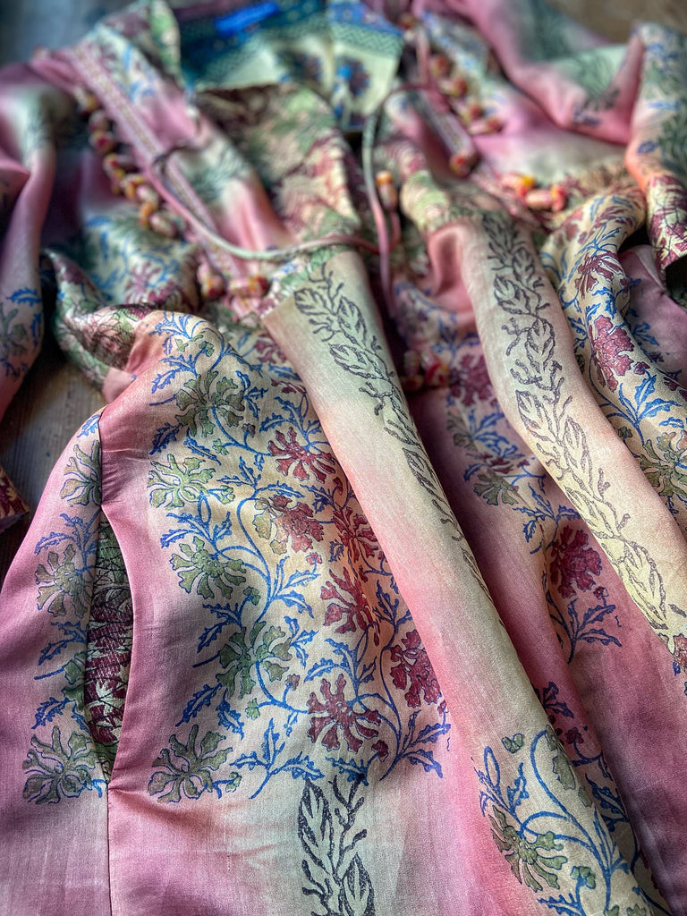 Rose Pink Silk Kaftan Maxi Dress with pockets and antique tassel trim.  Unique bohemian styles created from antique and vintage textiles by the Pavilion Parade Studio.