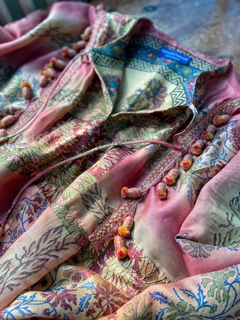 Rose Pink Silk Kaftan Maxi Dress with pockets and antique tassel trim.  Unique bohemian styles created from antique and vintage textiles by the Pavilion Parade Studio.