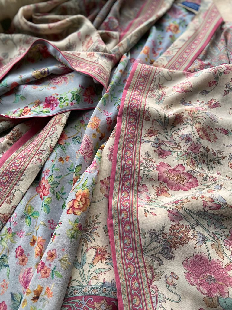 1920s inspired silk kimono robe created from vintage rose pink, pale lavender, china blue and antique ivory silk crepe. Unique bohemian designs from the Pavilion Parade studio.