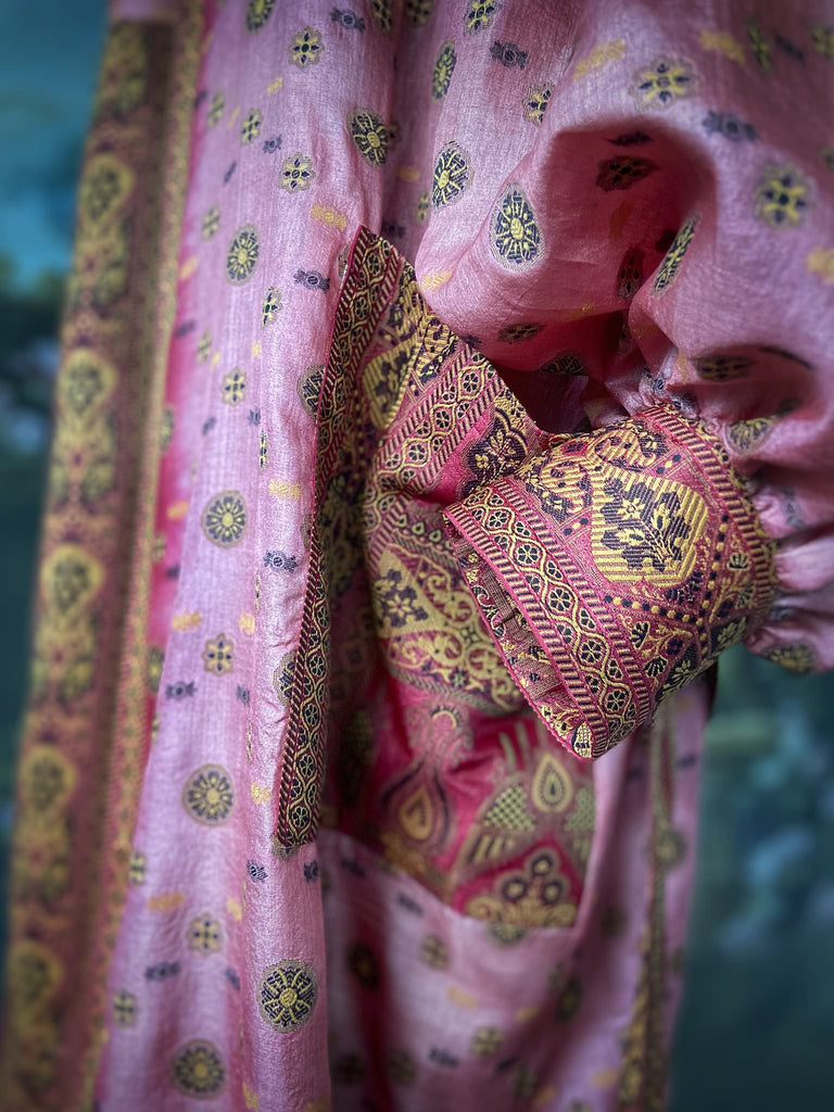 Rose pink and carmine lightweight silk wrapper robe with full sleeves, large patch pockets and tassel sash. Bohemian style created from antique and vintage textiles by the Pavilion Parade studio.