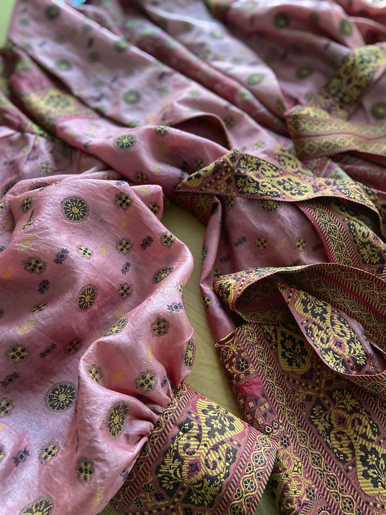 Rose pink and carmine lightweight silk wrapper robe with full sleeves, large patch pockets and tassel sash. Bohemian style created from antique and vintage textiles by the Pavilion Parade studio.