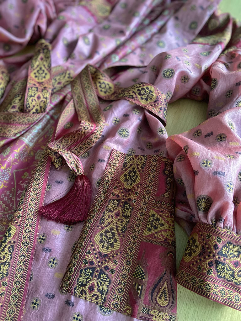 Rose pink and carmine lightweight silk wrapper robe with full sleeves, large patch pockets and tassel sash. Bohemian style created from antique and vintage textiles by the Pavilion Parade studio.
