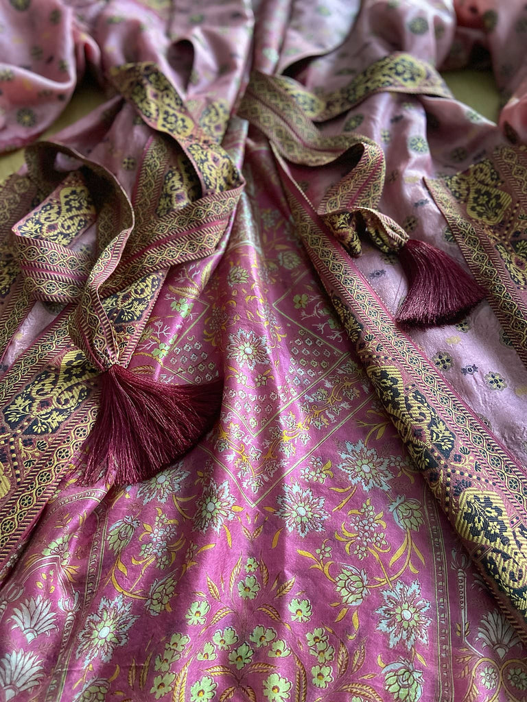 Rose pink and carmine lightweight silk wrapper robe with full sleeves, large patch pockets and tassel sash. Bohemian style created from antique and vintage textiles by the Pavilion Parade studio.