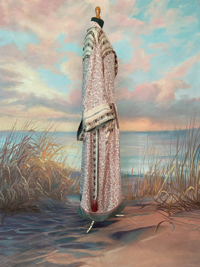 Fine wool robe lined in silk, with wide sleeves, deep pockets and tassel sash. Bohemian styles created from vintage and antique textiles by the Pavilion Parade studio. 
