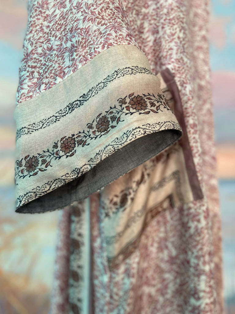 Fine wool robe lined in silk, with wide sleeves, deep pockets and tassel sash. Bohemian styles created from vintage and antique textiles by the Pavilion Parade studio. 