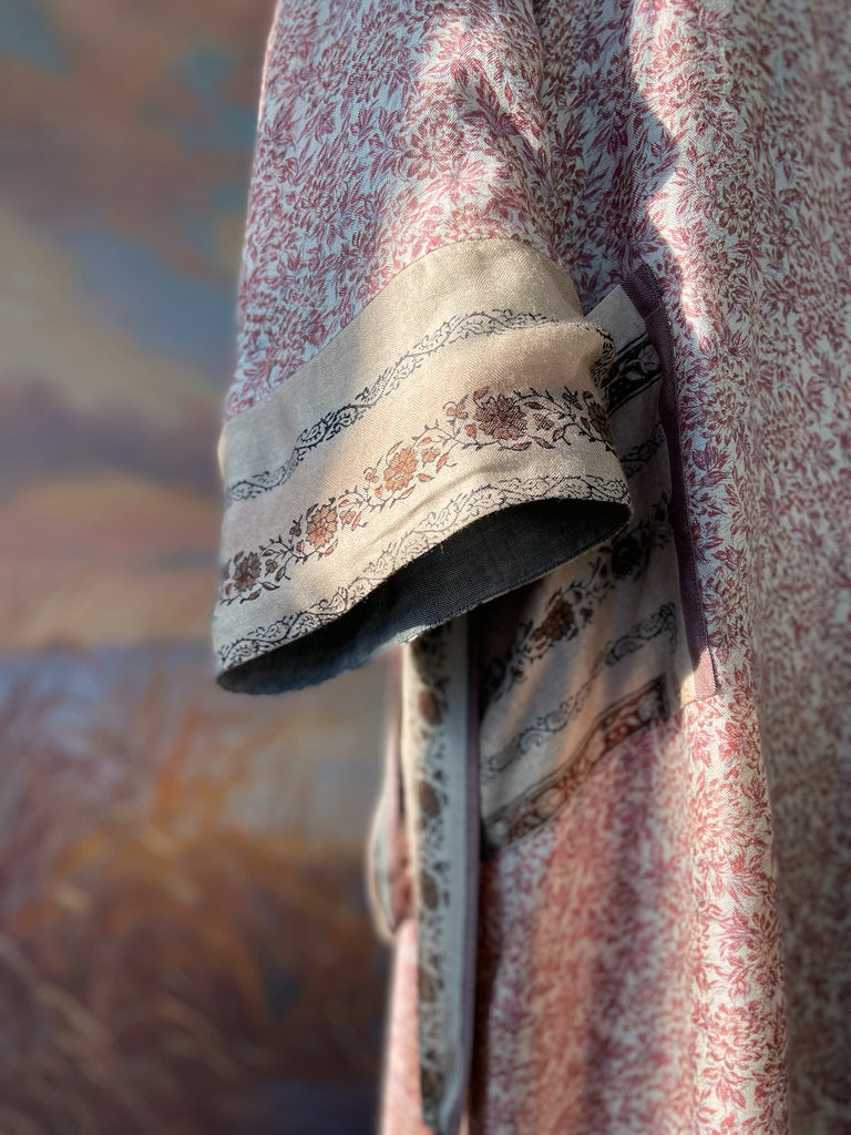 Fine wool robe lined in silk, with wide sleeves, deep pockets and tassel sash. Bohemian styles created from vintage and antique textiles by the Pavilion Parade studio. 