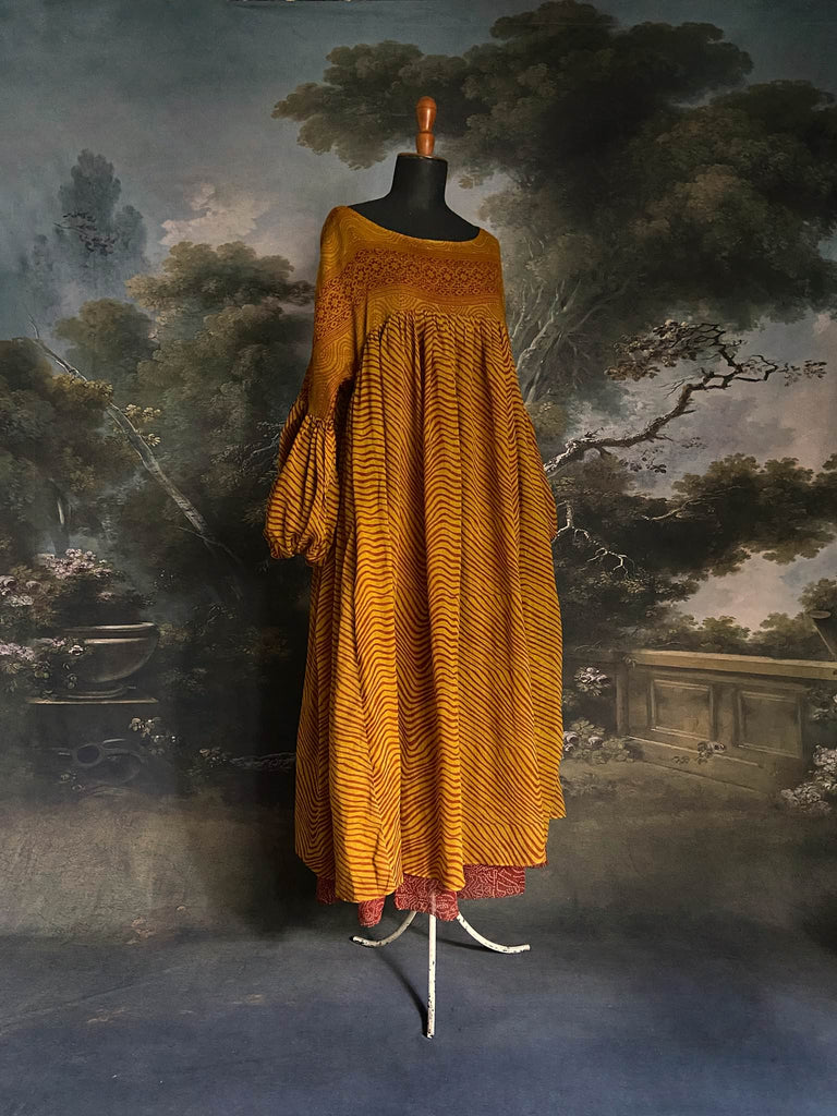 Saffron and burnt sienna fine cotton hand block printed aesthetic bohemian dress created from vintage textiles by the Pavilion Parade studio