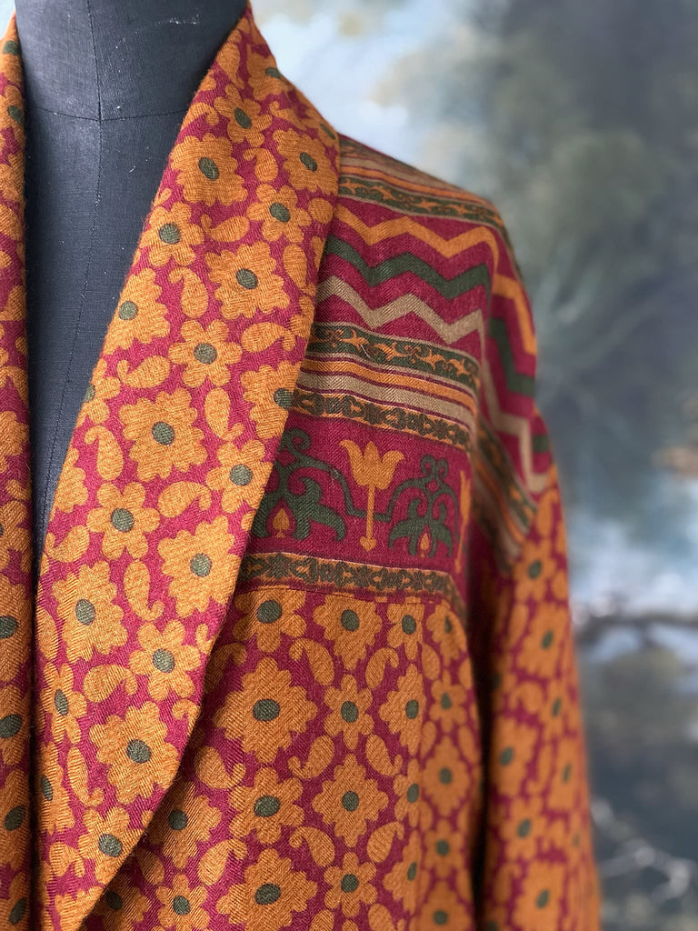 Vibrant saffron and carnelian red fine wool and silk robe with wide sleeves, patch pockets and tassel sash. Bohemian style created from antique and vintage textiles by the Pavilion Parade Studio