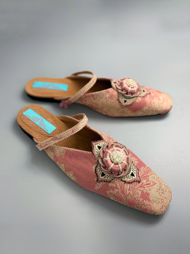 Dusty pink square toed silk brocade shoes with silk rosettes. Bohemian styles created from antique textiles by the Pavilion Parade studio.