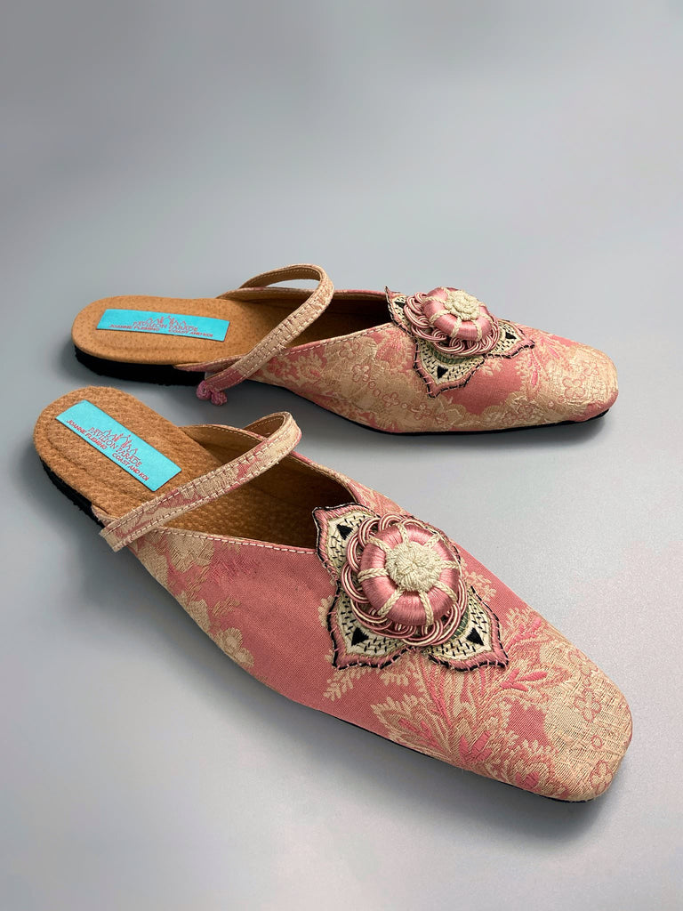 Dusty pink square toed silk brocade shoes with silk rosettes. Bohemian styles created from antique textiles by the Pavilion Parade studio.