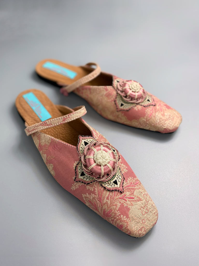 Dusty pink square toed silk brocade shoes with silk rosettes. Bohemian styles created from antique textiles by the Pavilion Parade studio.