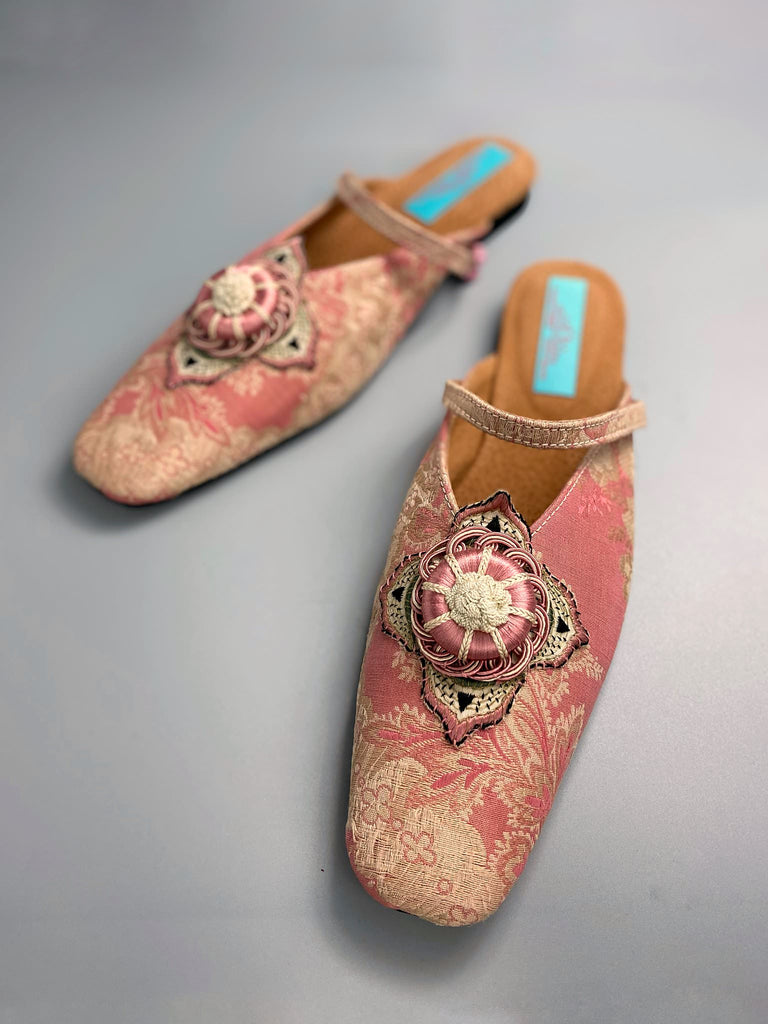Dusty pink square toed silk brocade shoes with silk rosettes. Bohemian styles created from antique textiles by the Pavilion Parade studio.