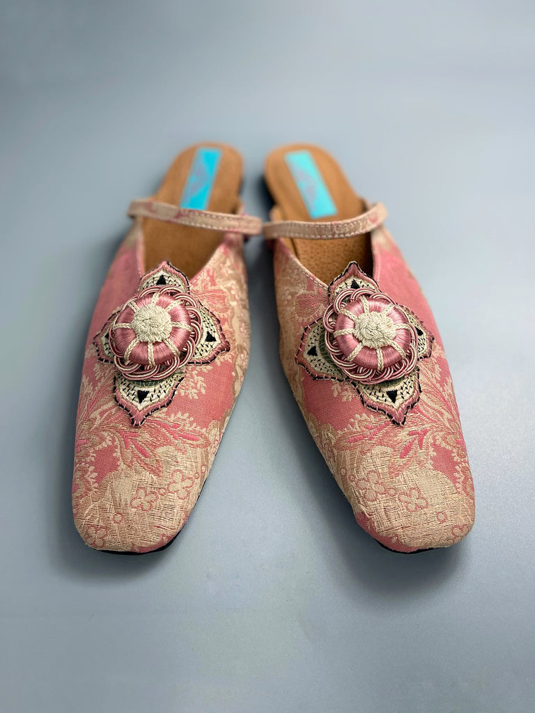 Dusty pink square toed silk brocade shoes with silk rosettes. Bohemian styles created from antique textiles by the Pavilion Parade studio.