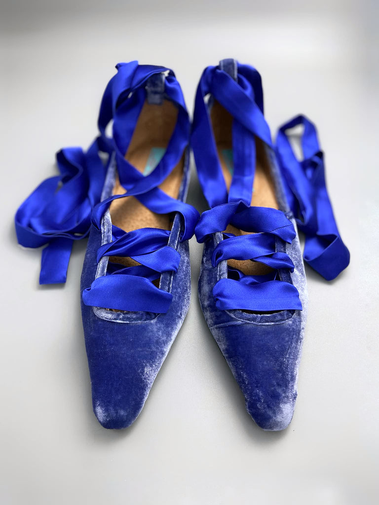 Sapphire blue silk velvet ballerina shoes with long silk satin ankle ties. Bohemian style from Pavilion Parade.