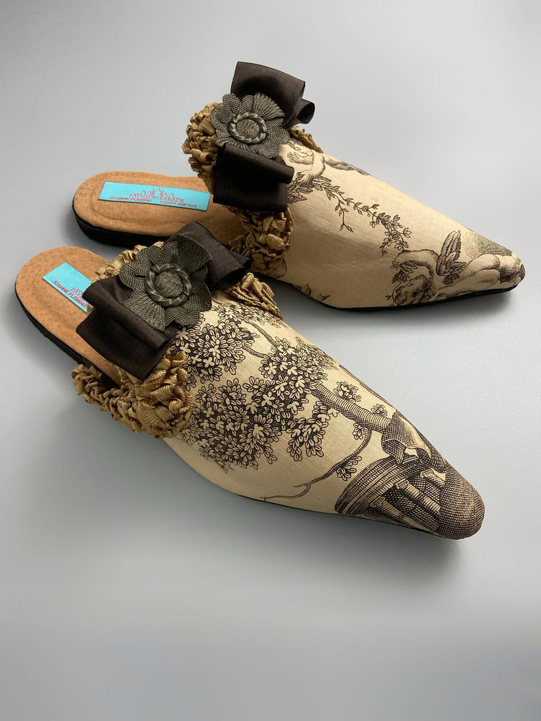 Sepia classical putti cherub pointed toe shoes with silk rosette bows created from antique textiles by Pavilion Parade