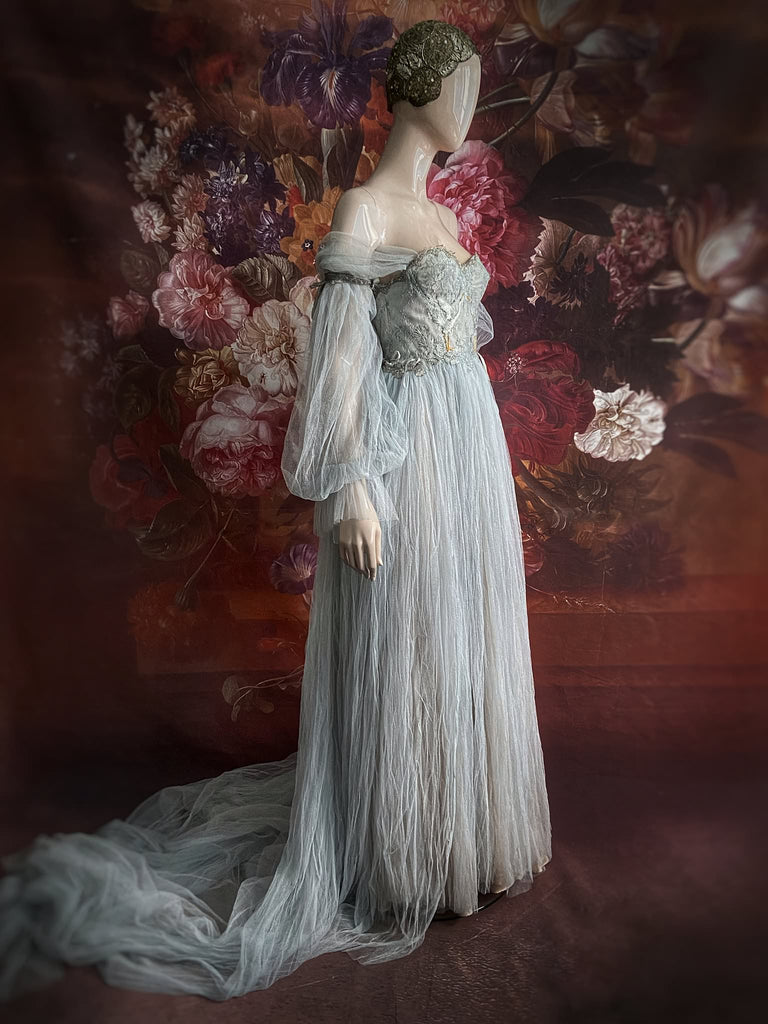 Silver grey tulle over pale blush silk costume or bridal gown with detachable sleeves and train. Embroidered dancing herons boned bodice and optional tulle cape. Bohemian style by Pavilion Parade