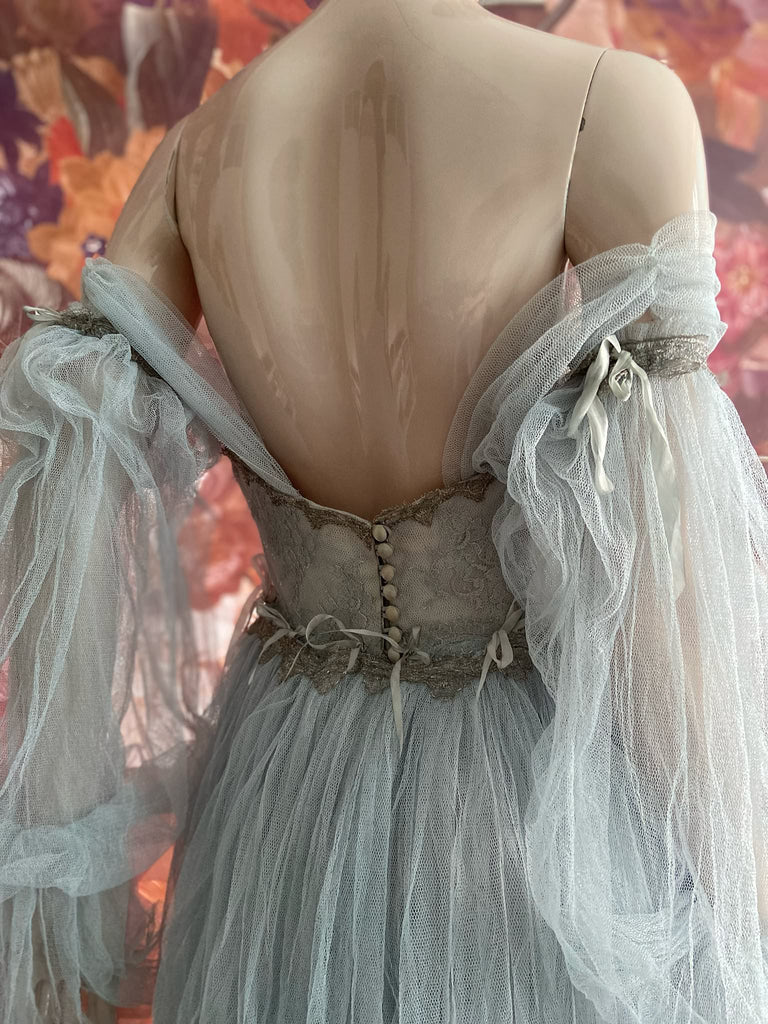 Silver grey tulle over pale blush silk costume or bridal gown with detachable sleeves and train. Embroidered dancing herons boned bodice and optional tulle cape. Bohemian style by Pavilion Parade