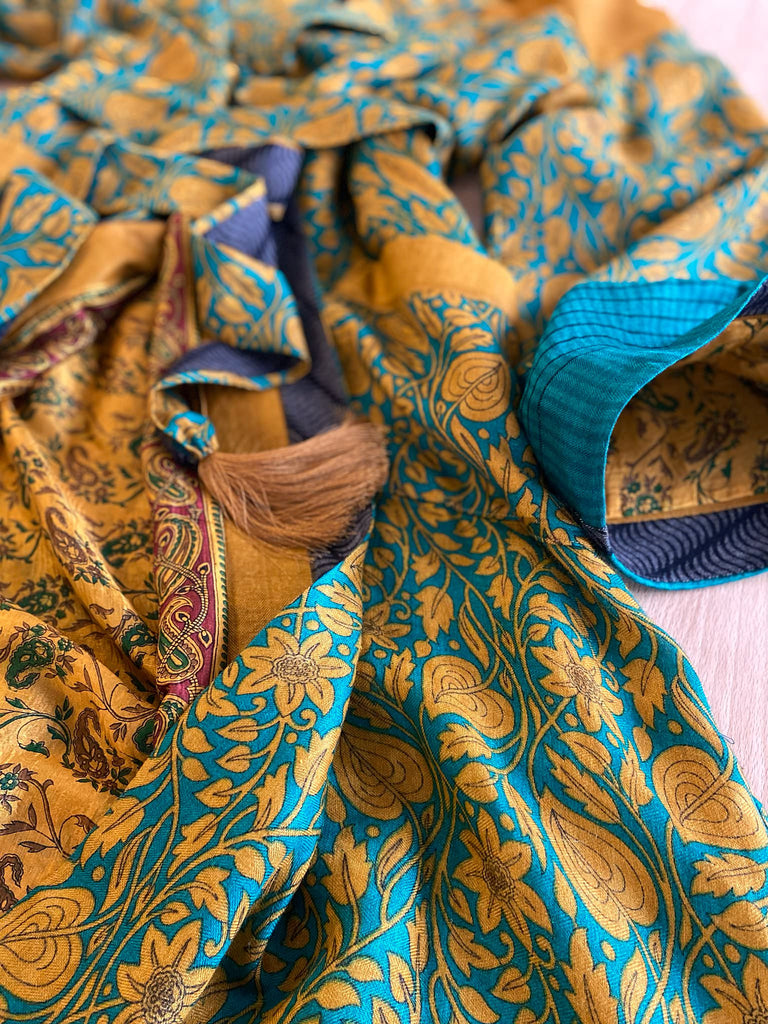 Teal and turmeric yellow silk-lined fine wool dressing robe or duster coat with wide sleeves, pockets and tassel tie sash. Bohemian styles created from antique and vintage textiles by the Pavilion Parade studio.
