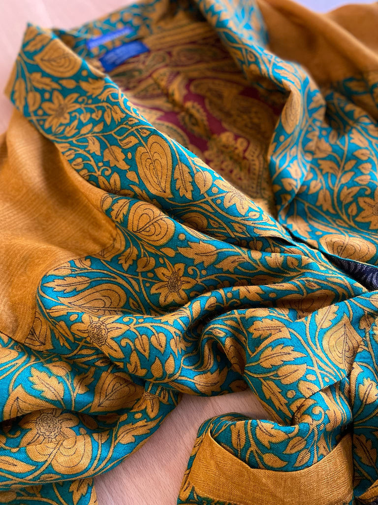 Teal and turmeric yellow silk-lined fine wool dressing robe or duster coat with wide sleeves, pockets and tassel tie sash. Bohemian styles created from antique and vintage textiles by the Pavilion Parade studio.