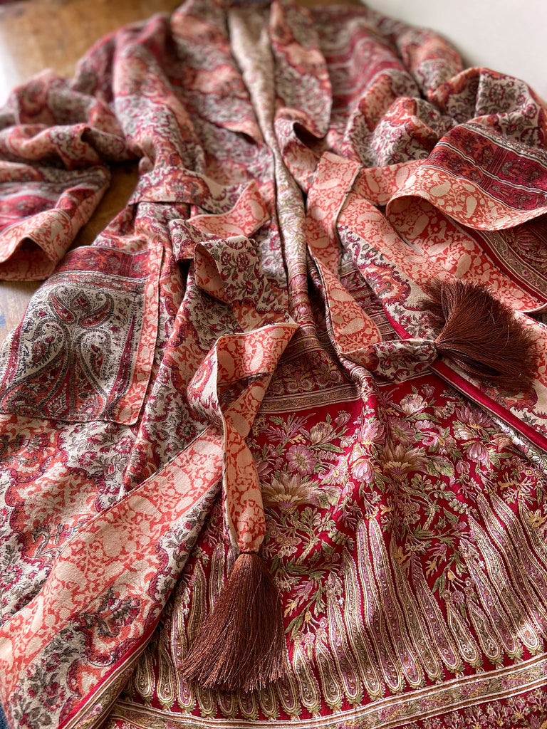 Terracotta and stone fine wool dressing robe with wide sleeves, deep pockets and tassel sash. Bohemian styles sustainably created from antique and vintage textiles by the Pavilion Parade studio