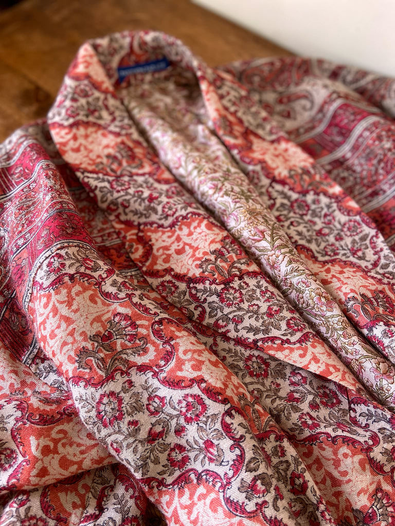 Terracotta and stone fine wool dressing robe with wide sleeves, deep pockets and tassel sash. Bohemian styles sustainably created from antique and vintage textiles by the Pavilion Parade studio